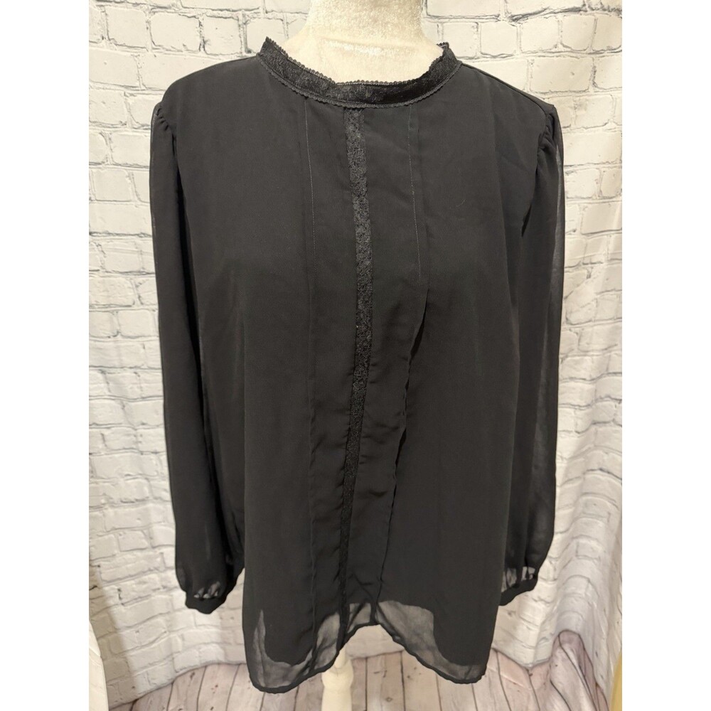 Ann Taylor Top 90s Black Ruffle Front Long Sleeve Blouse Size XL